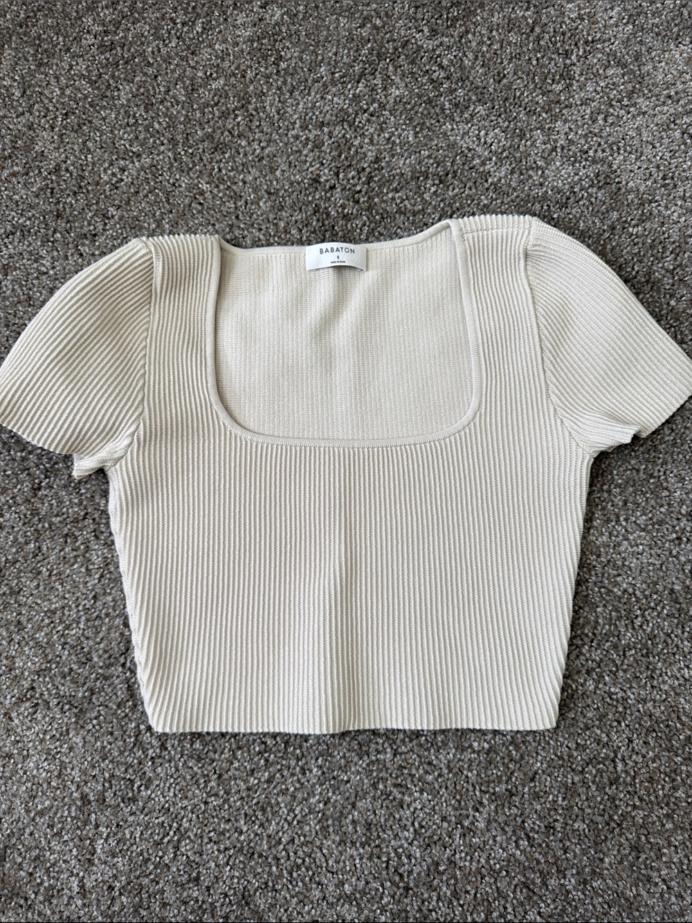 Babaton Cream Ribbed Square-Neck Crop Top